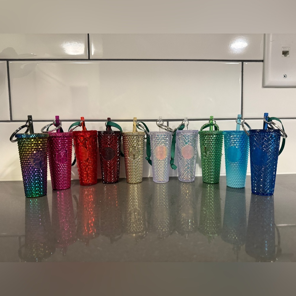 Set of 10 Starbucks Colorful Mini Tumbler Keychains Studded Cups Iridescent